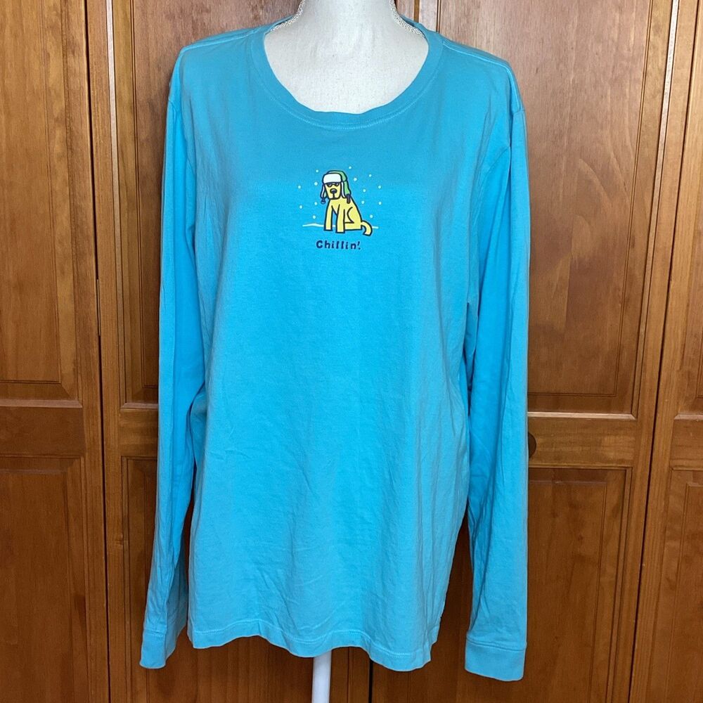 Life Is Good Womens XXL Tshirt Vintage Long Sleeve Blue Winter Chillin Dog Snow